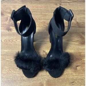 Jiu du Women's Faux Fur Heels Dress Sandals Open Toe Ankle Strap Size 6